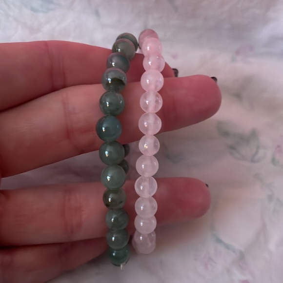 Authentic Natural Set Of Jade and Rose Quartz Stretch Bracelets - Picture 2 of 3